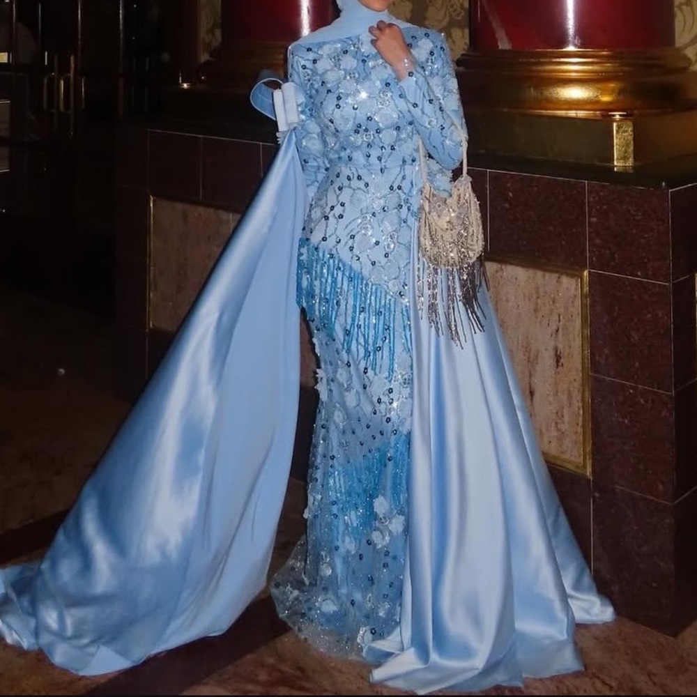 Custom Light Blue Gown with arm Cape style design PROM READY